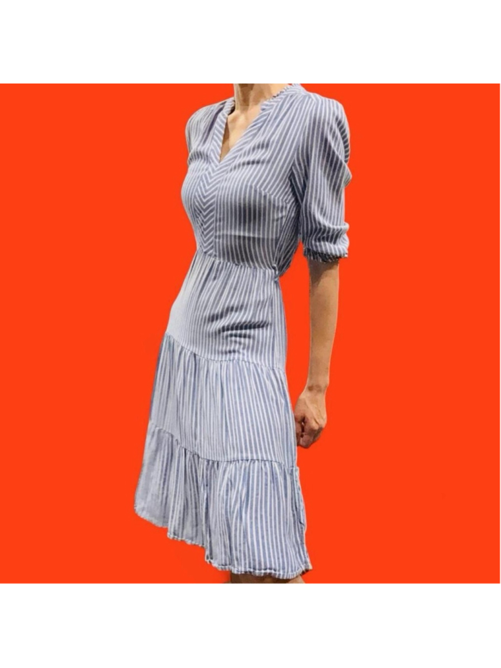 Monteau Blue White S Striped Midi Dress Cottagecore Preppy Coquette Farmhouse